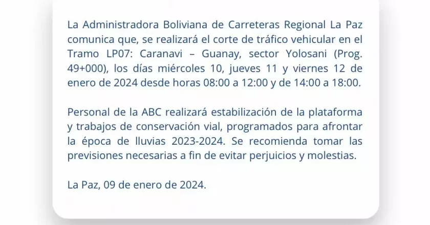 ABC anuncia cortes de tráfico vehicular en el tramo Caranavi – Guanay hasta el viernes