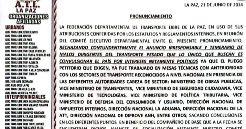 Transporte libre de La Paz rechaza “bloqueos políticos” y se declara en emergencia